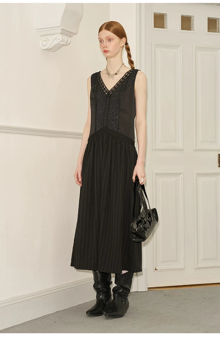 V-Neck Lace Stripe Splicing Sleeveless Long Dress
