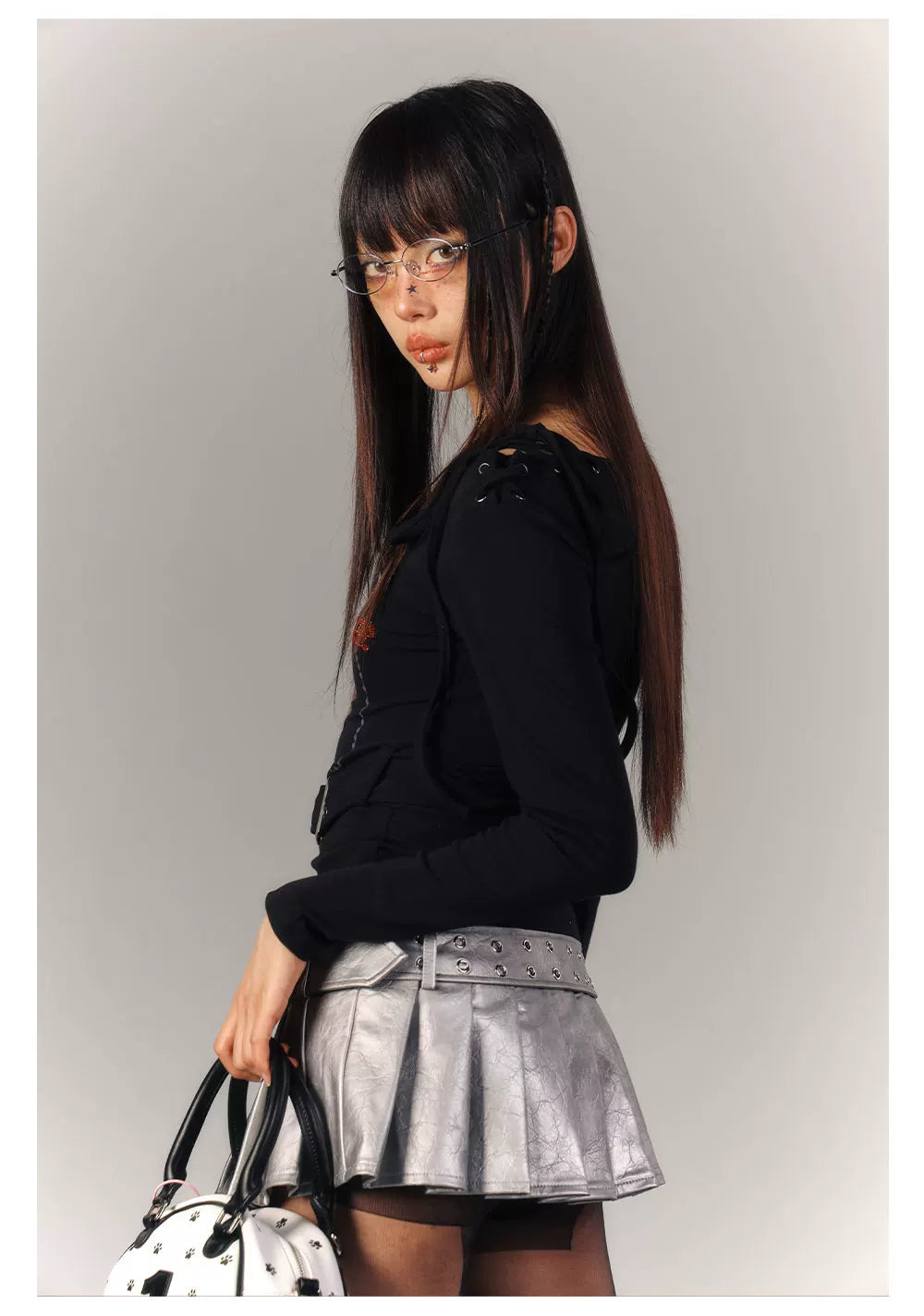 Cross Print Strap Buckle Cutout Long Sleeve T-Shirt