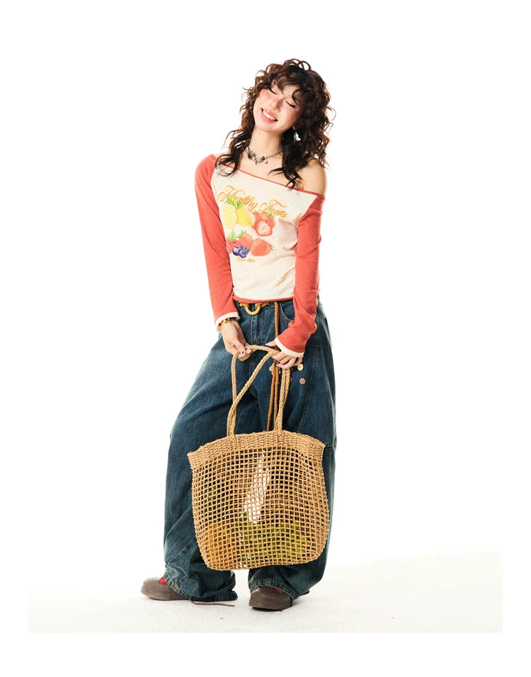 Fruit Graphic Print Off-Shoulder Fitted Long Sleeve T-Shirt