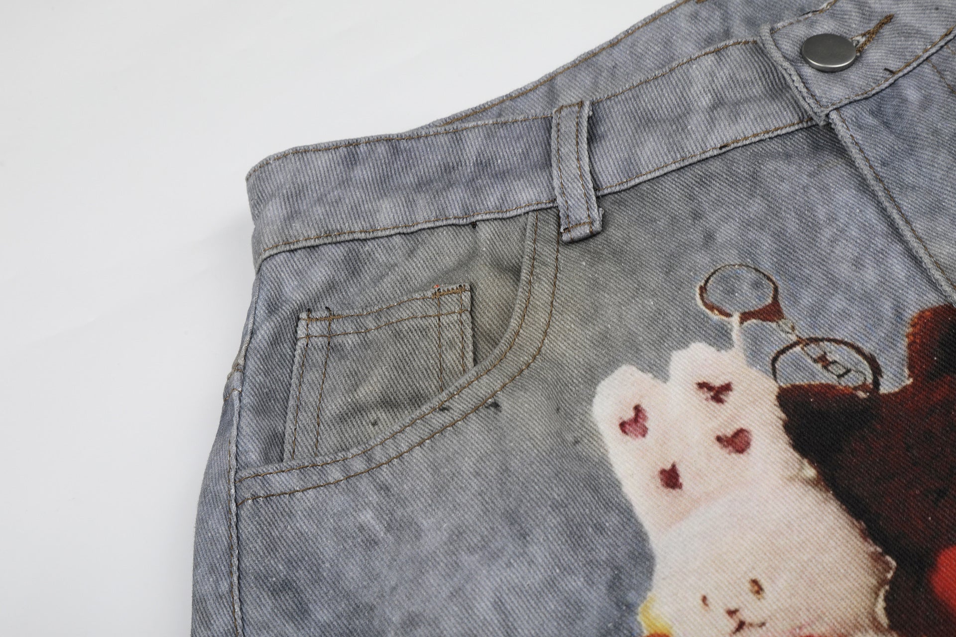 Washed Damage Embroidery Wide Leg Denim Jeans