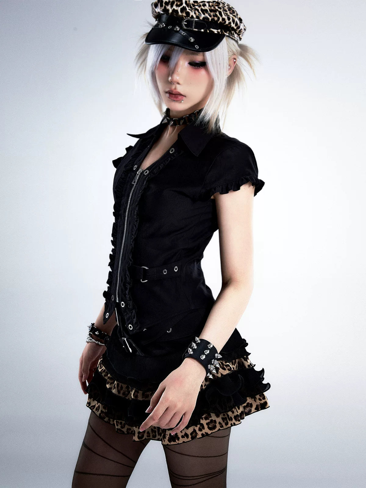 Ruffle Trim Waist-Cinching Short Zipper Shirt