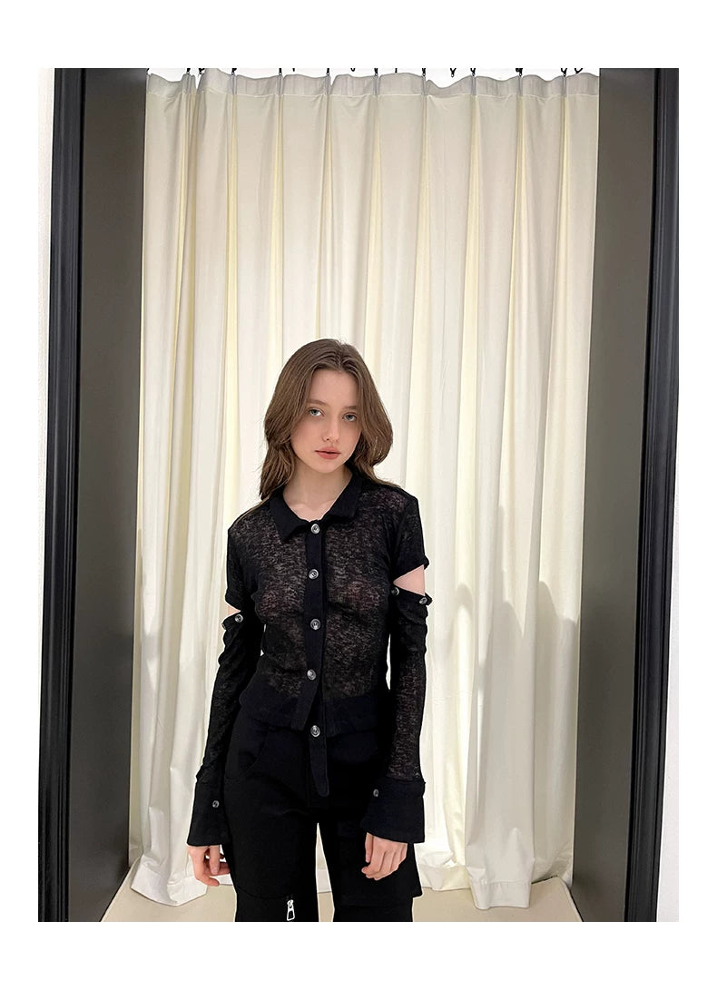 Sheer Detachable Sleeve Polo Knit Cardigan