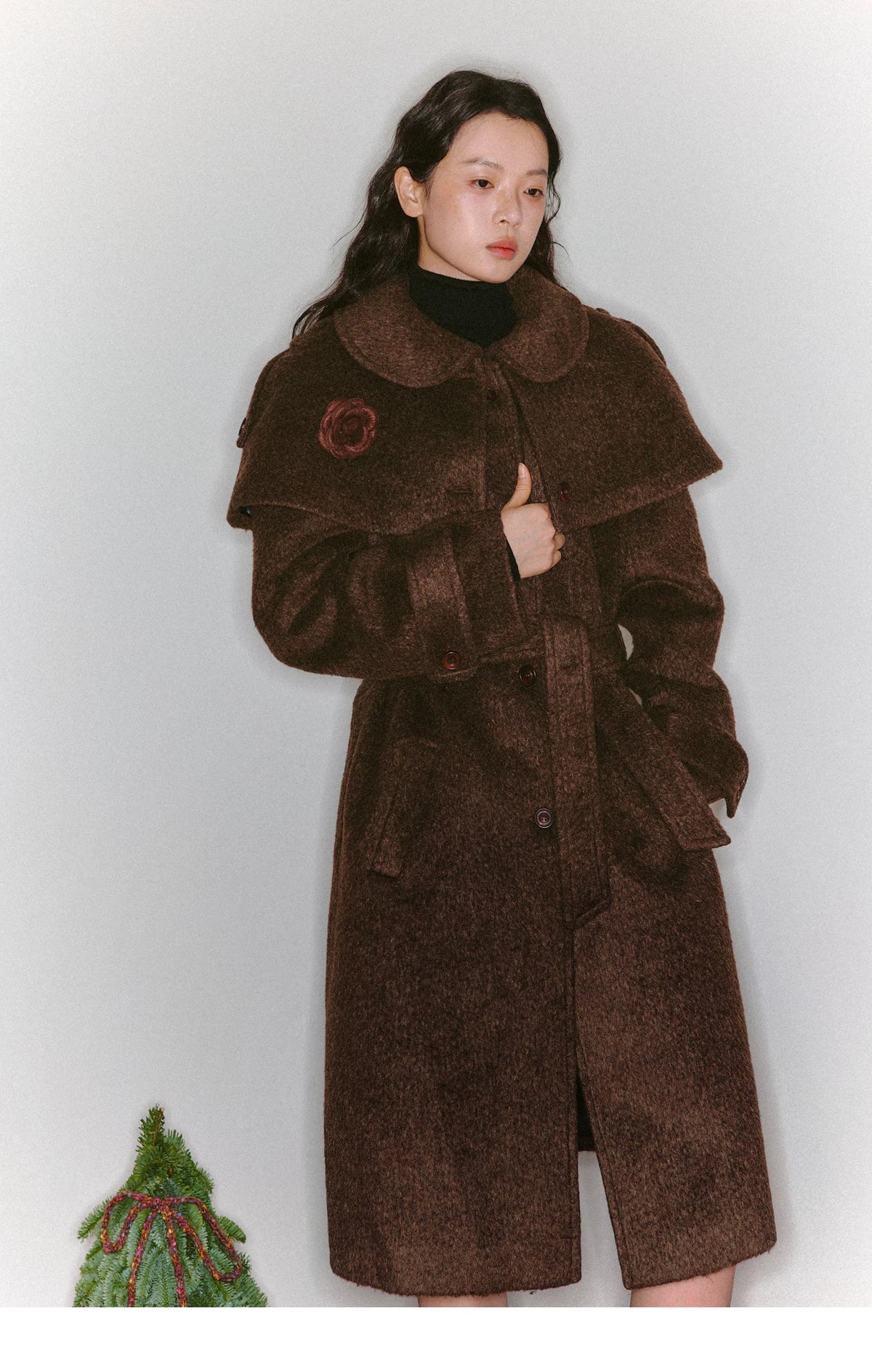 Cape Collar & Flower Detail Belted Coat