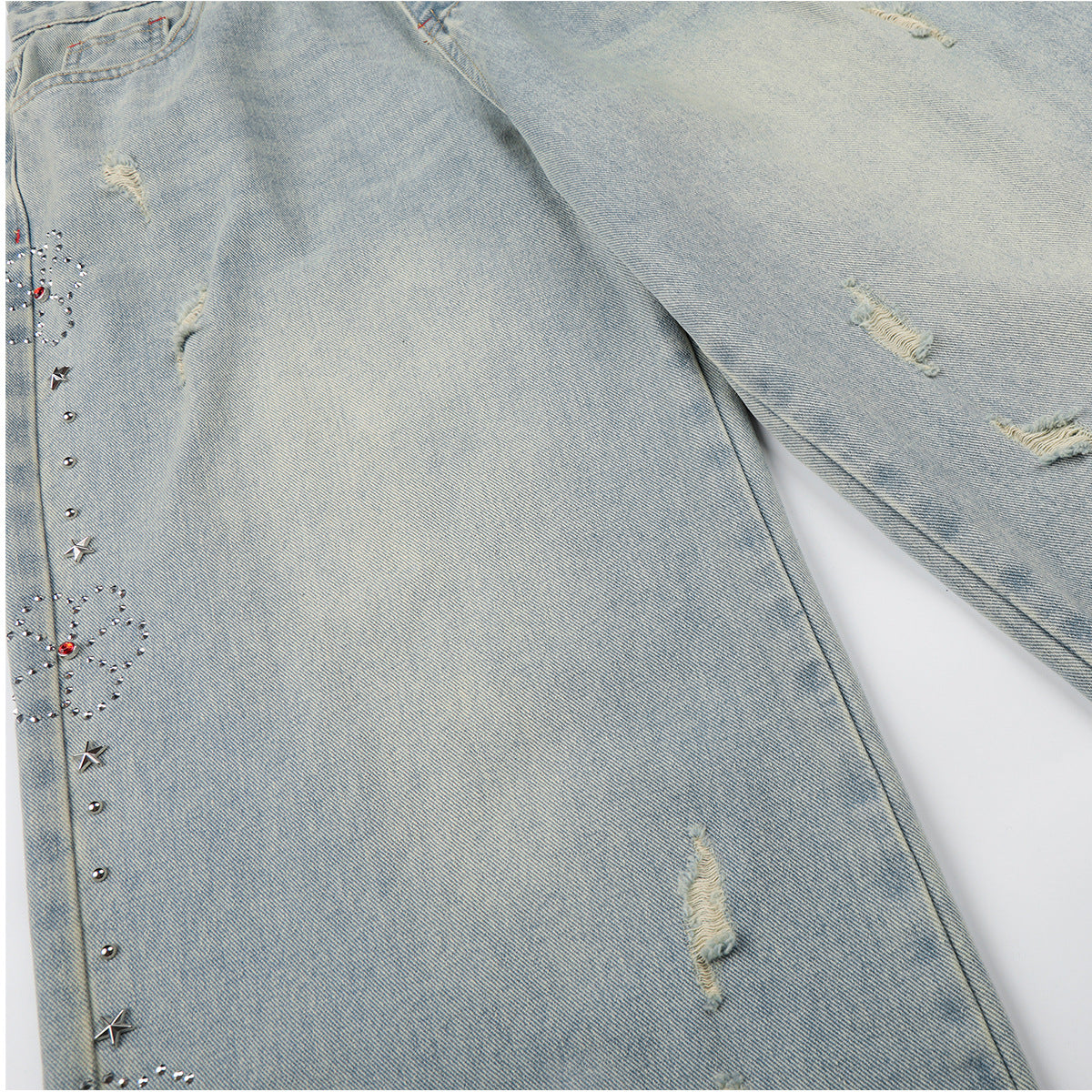 Washed Paint Studs Detail Wide Leg Denim Jeans