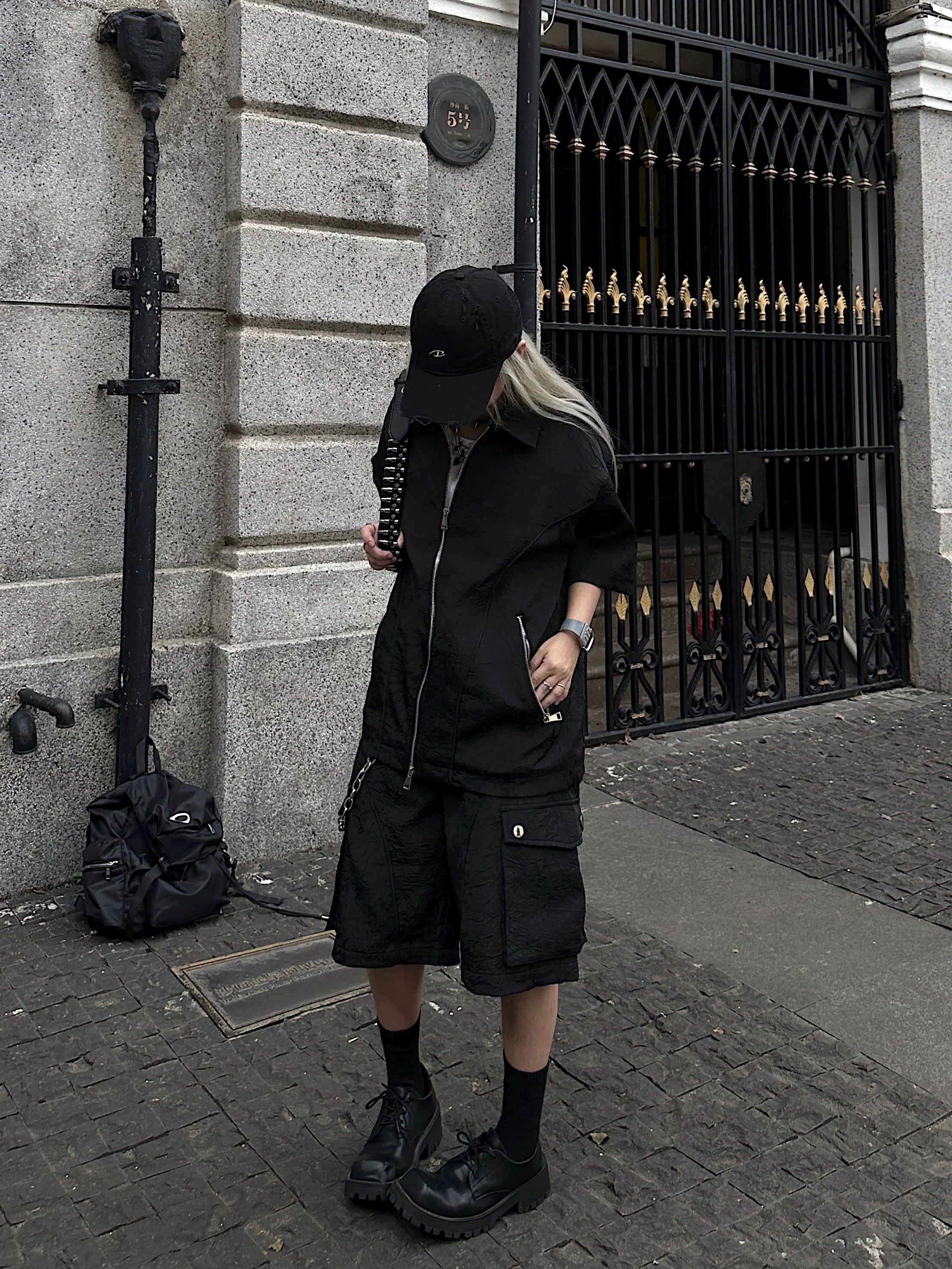 Deconstructed Texture Double Zipper Short Sleeve Shirt