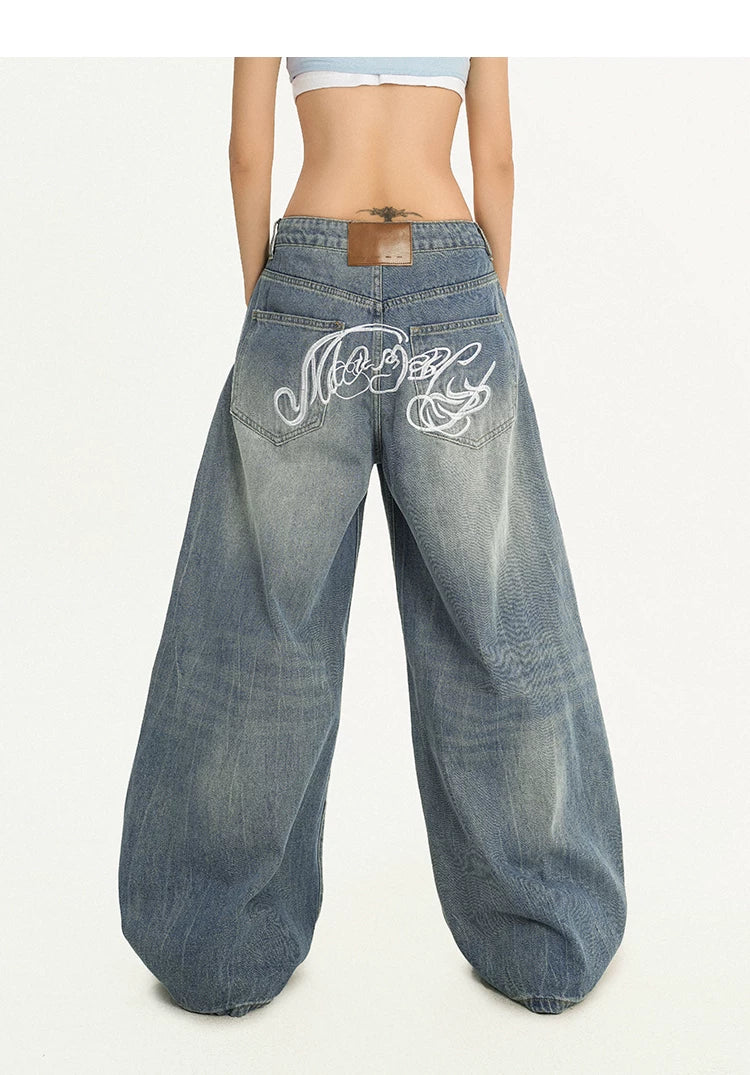 Damage Embroidery Wash Wide Leg Denim Jeans