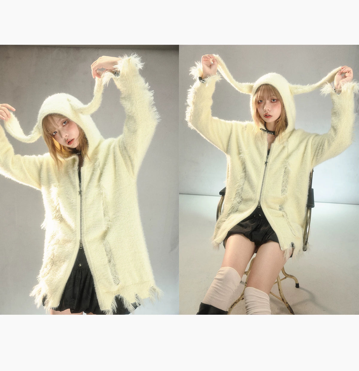 Rabbit Ear Zipper Knit Hoodie