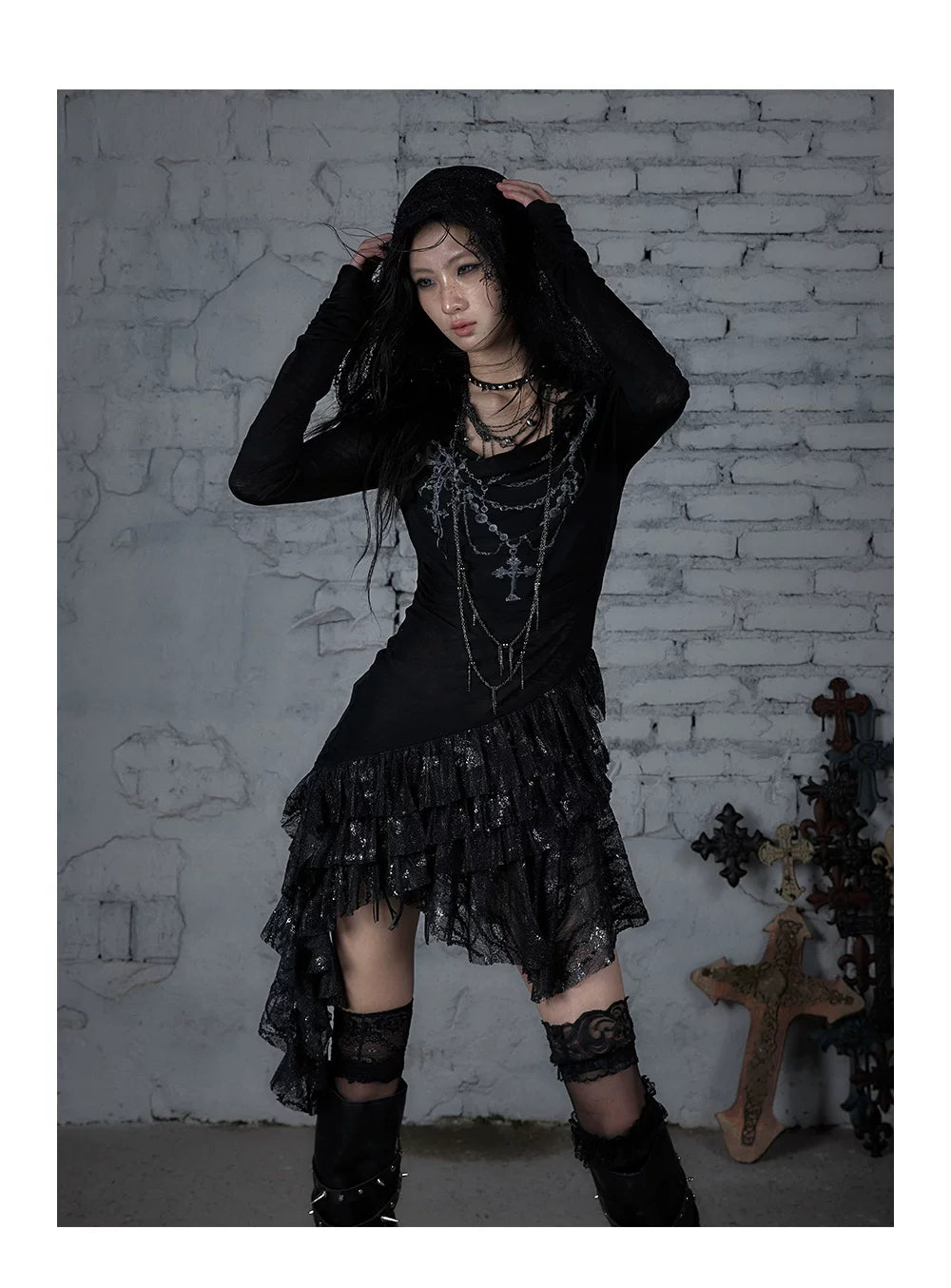 Lace Hooded Asymmetric Ruffle Dress
