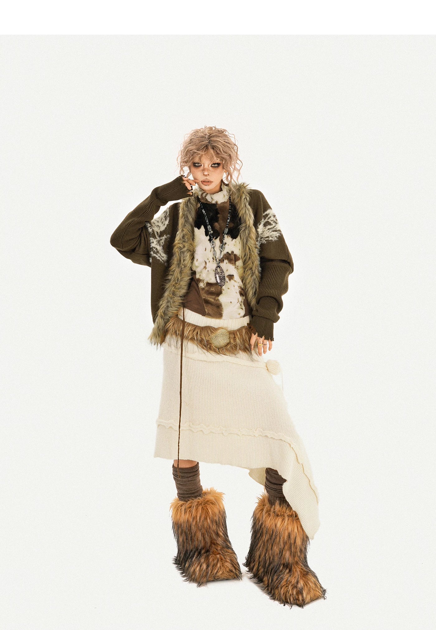 Original Design Batwing Sleeve Fake Fur Collar Knit Cardigan
