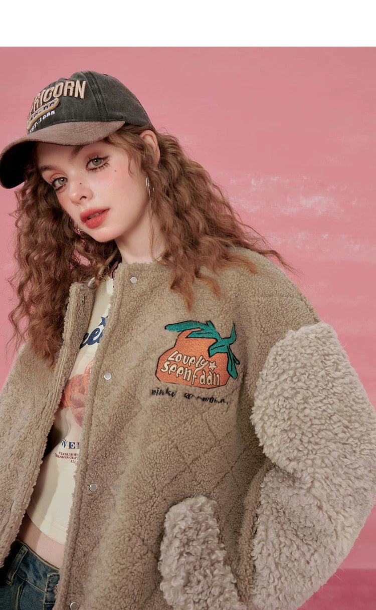 Colorblock Embroidery Fleece-Lined Baseball Jacket