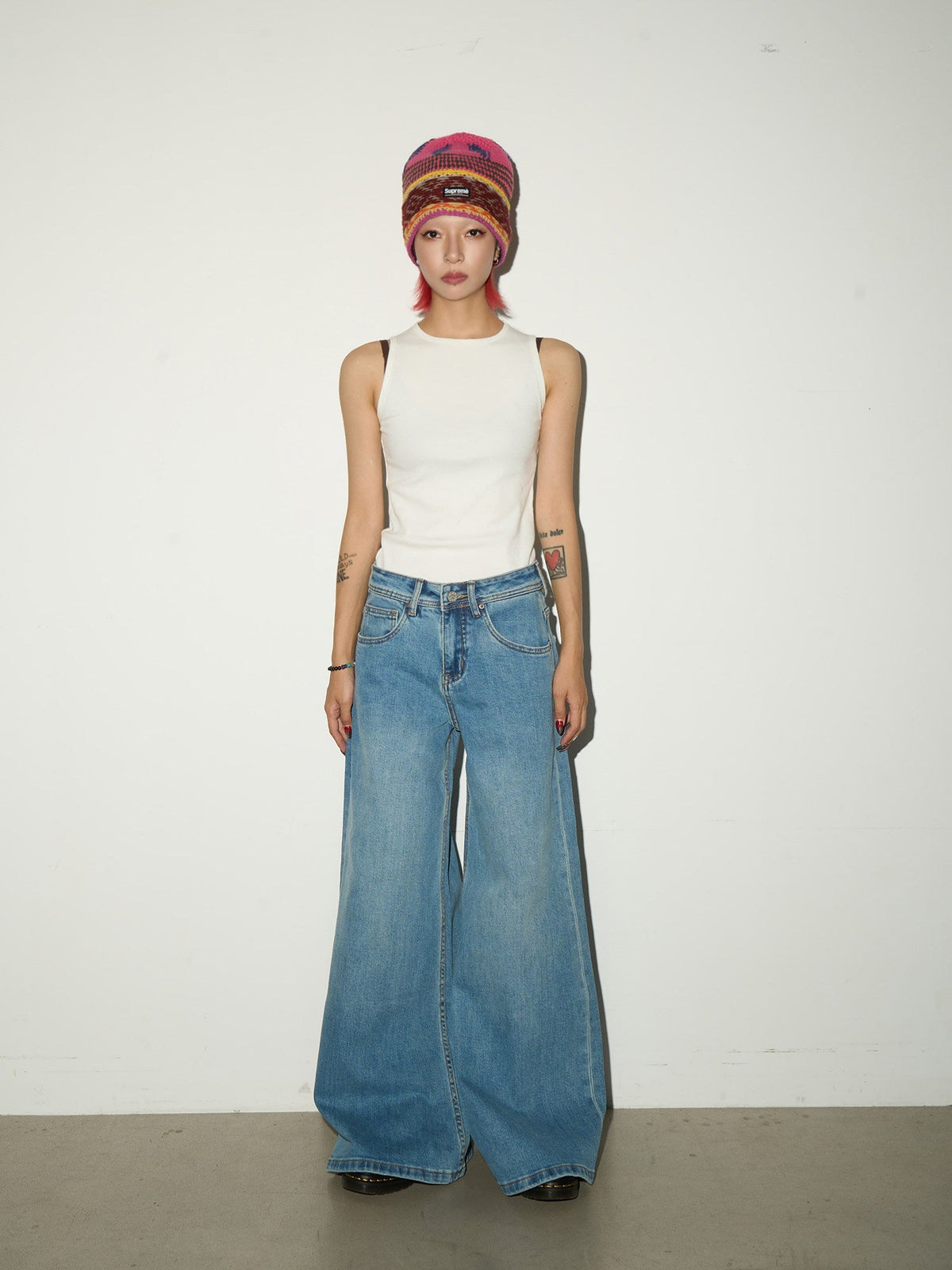 Faded Wash Wide Leg Denim Jeans