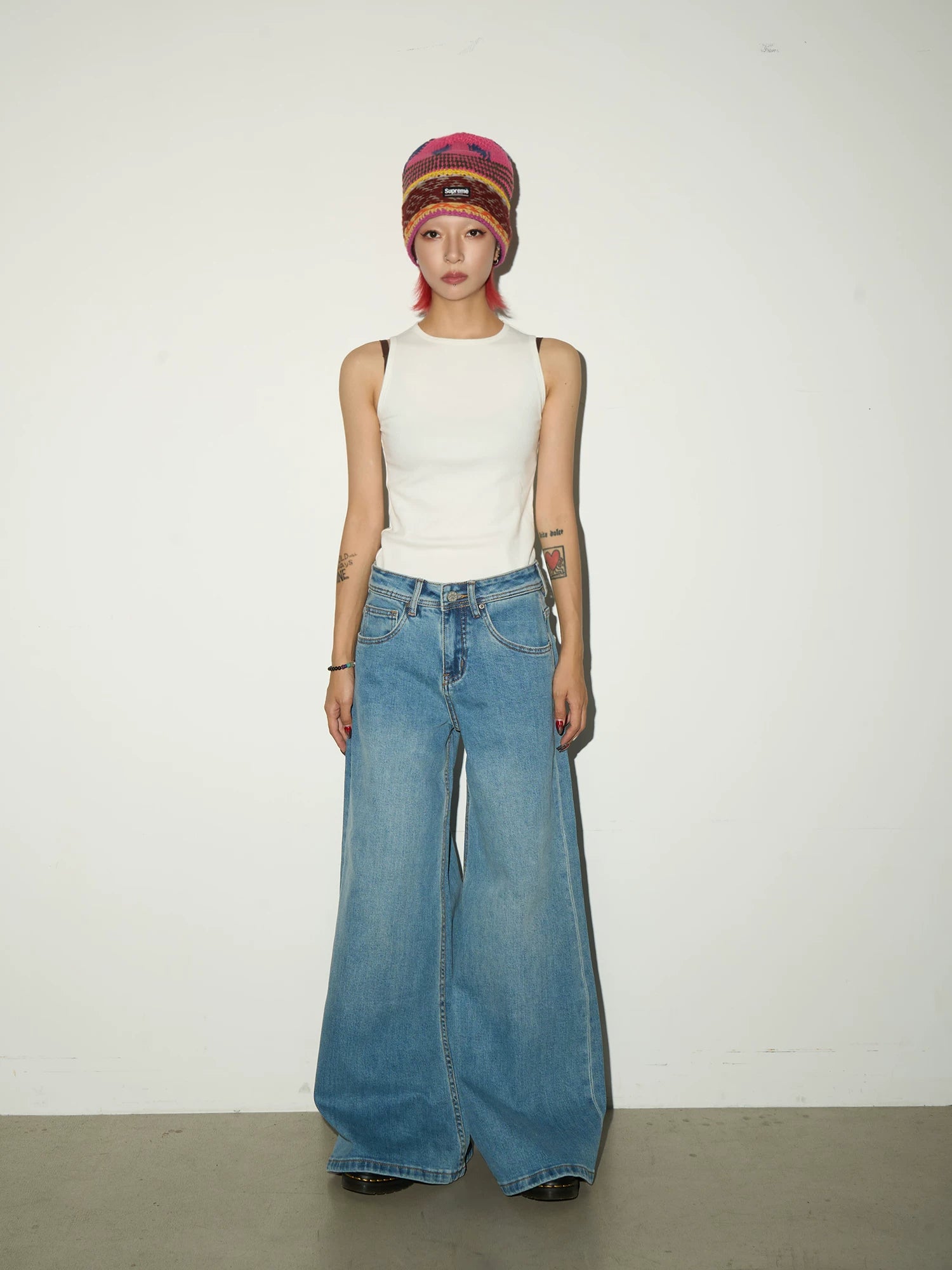 Faded Wash Wide Leg Denim Jeans