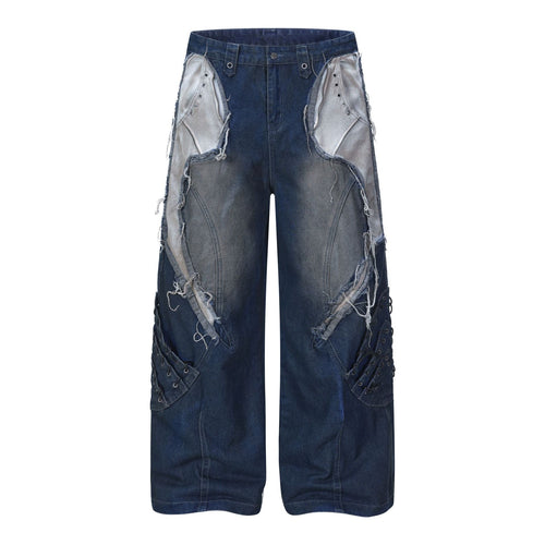 Schwere, gewaschene, dekonstruierte Jeans mit weitem Bein - Blau / S