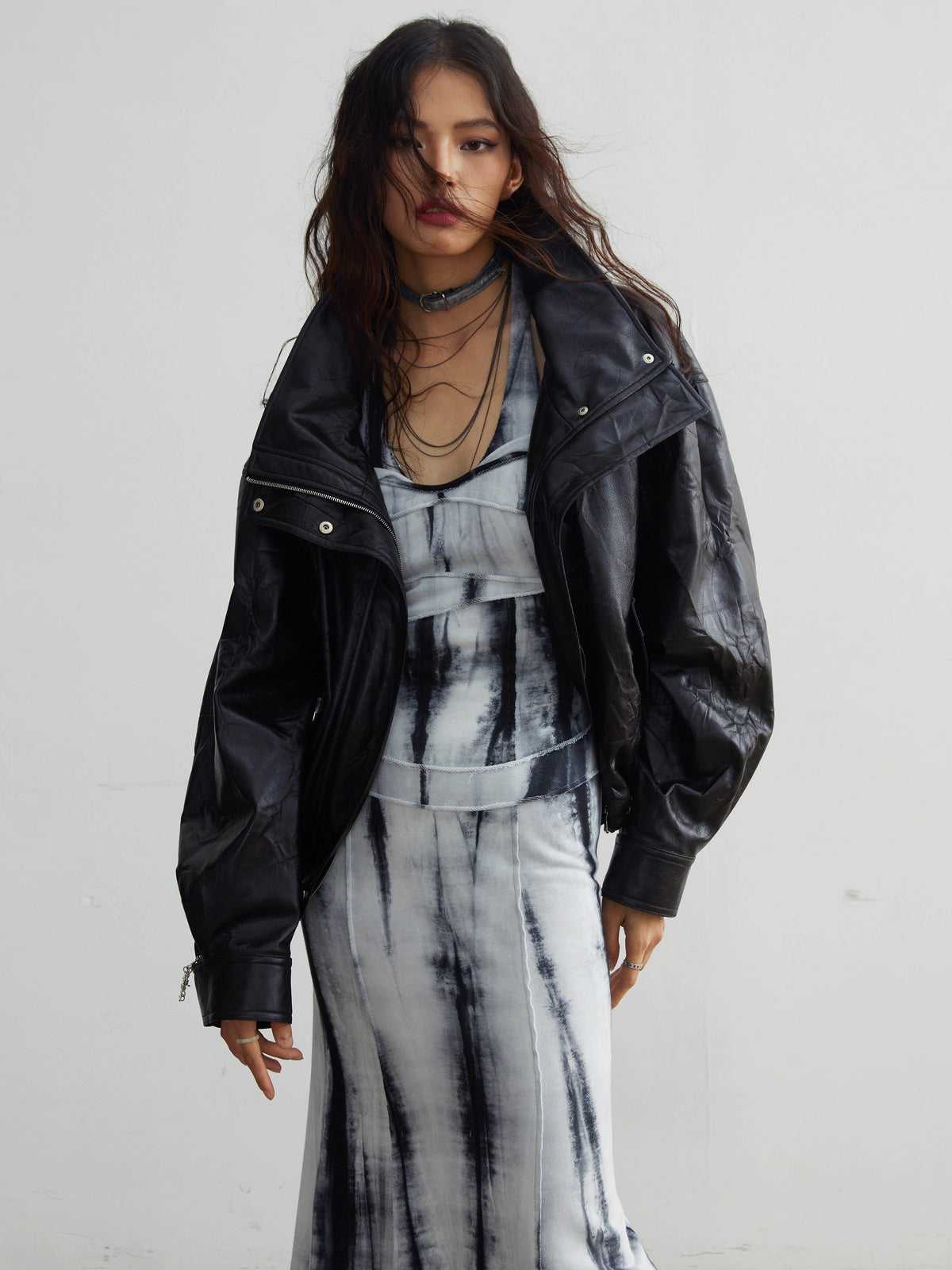Detachable Large Fur Collar PU Leather Jacket
