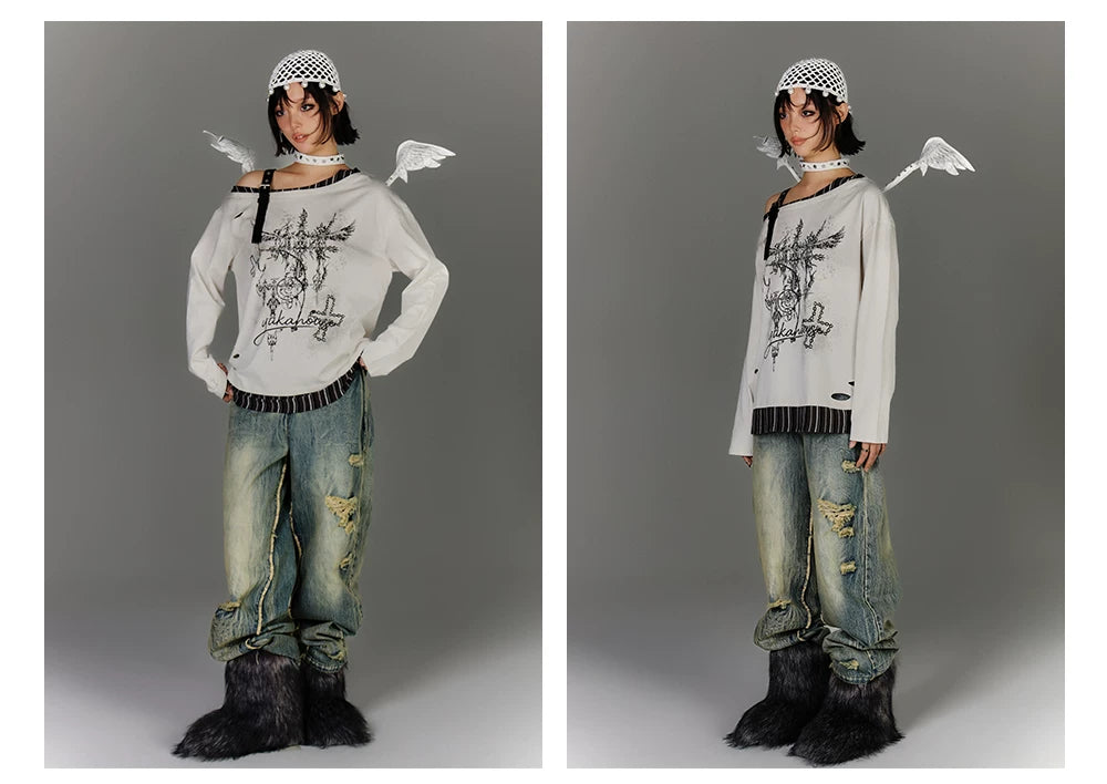 Off-Shoulder Asymmetrical Punk Long Sleeve T-Shirt
