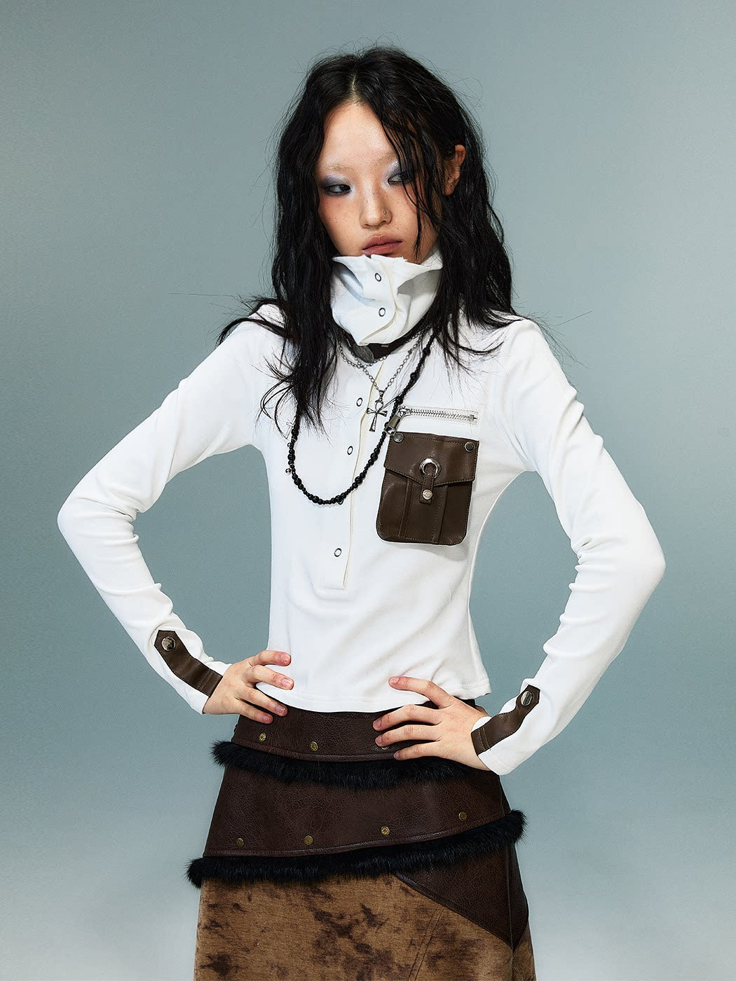 High-Neck Convertible Slim Knit Long Sleeve Shirt