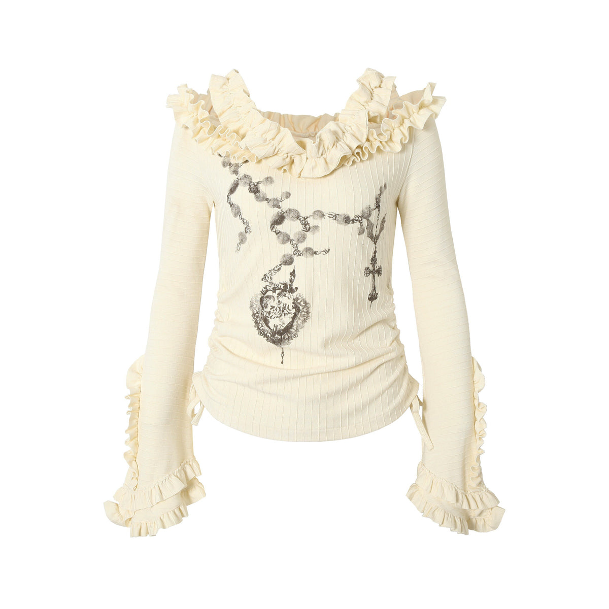 Ruffle Print Flare Sleeve Long Sleeve T-Shirt