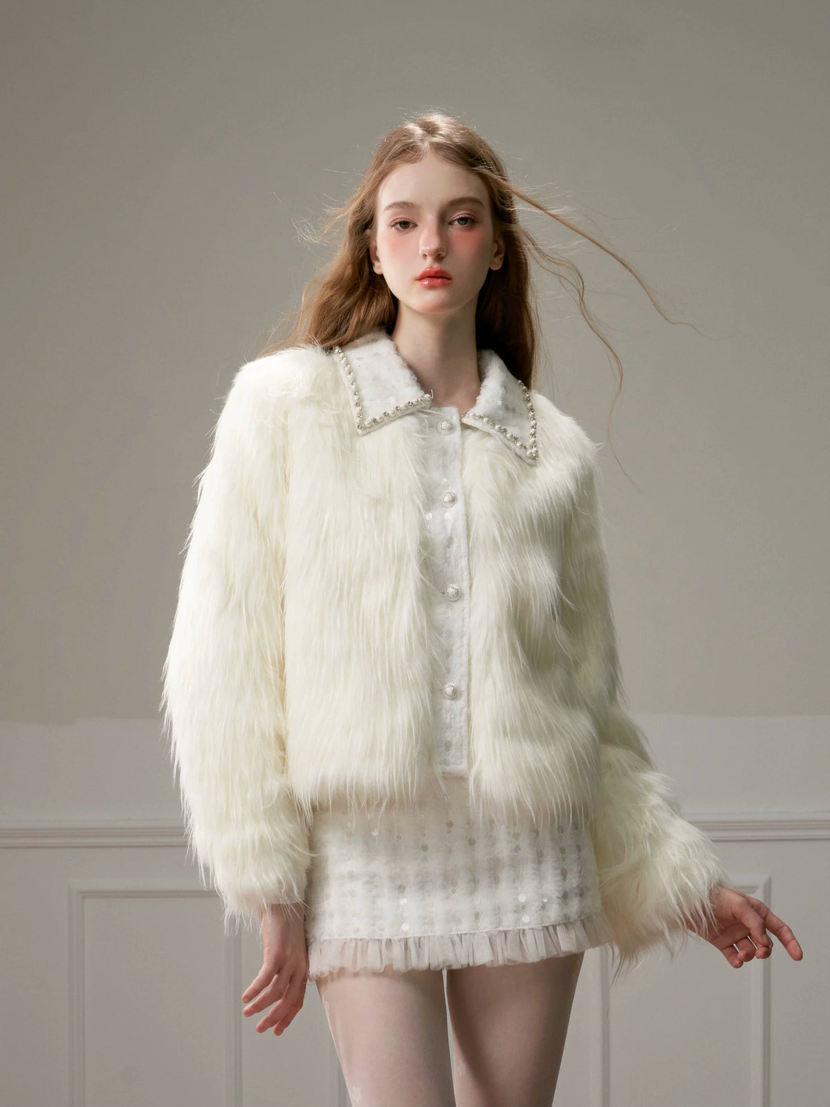 Eco Fur Warm Jacket & Short Skirt & Long Skirt Setup