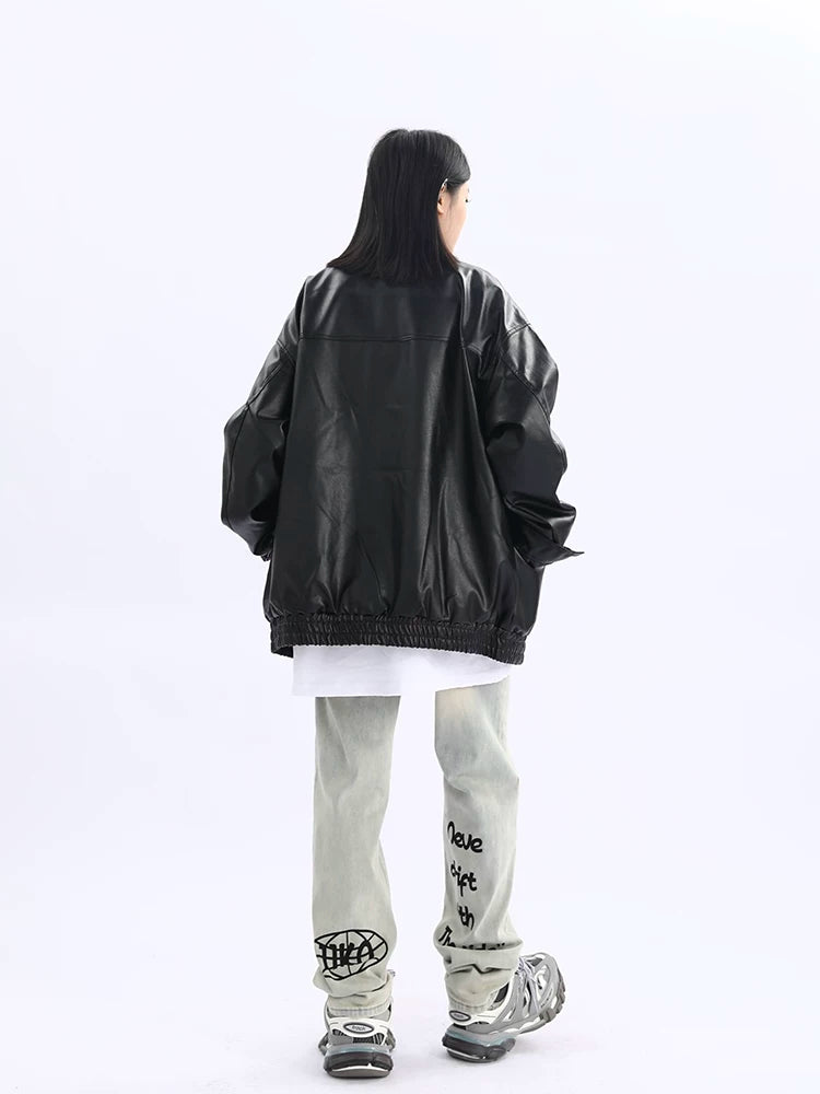 Oversized Standing-Collar PU Leather Jacket