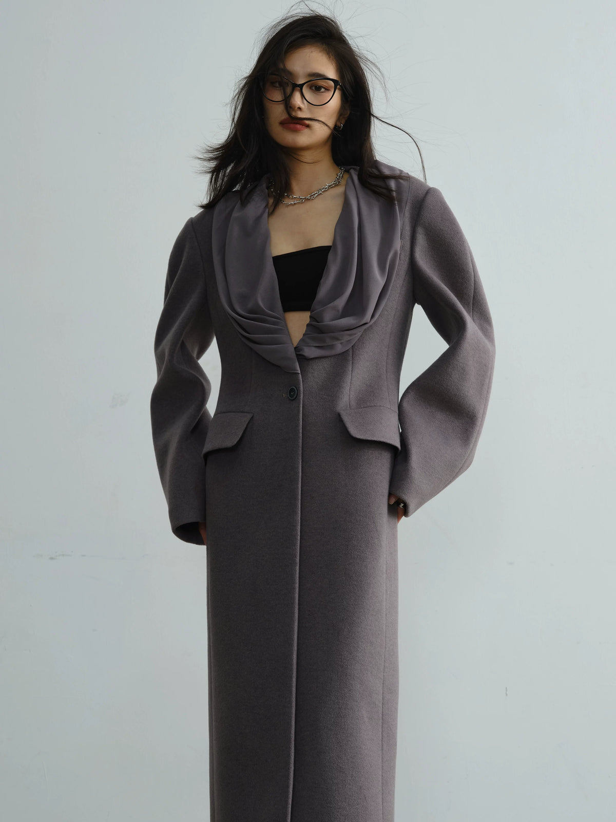 Collar Design Wool Long Coat With Scarf