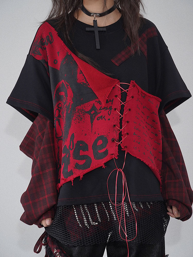 Print Plaid Patchwork Pullover Sweatshirt