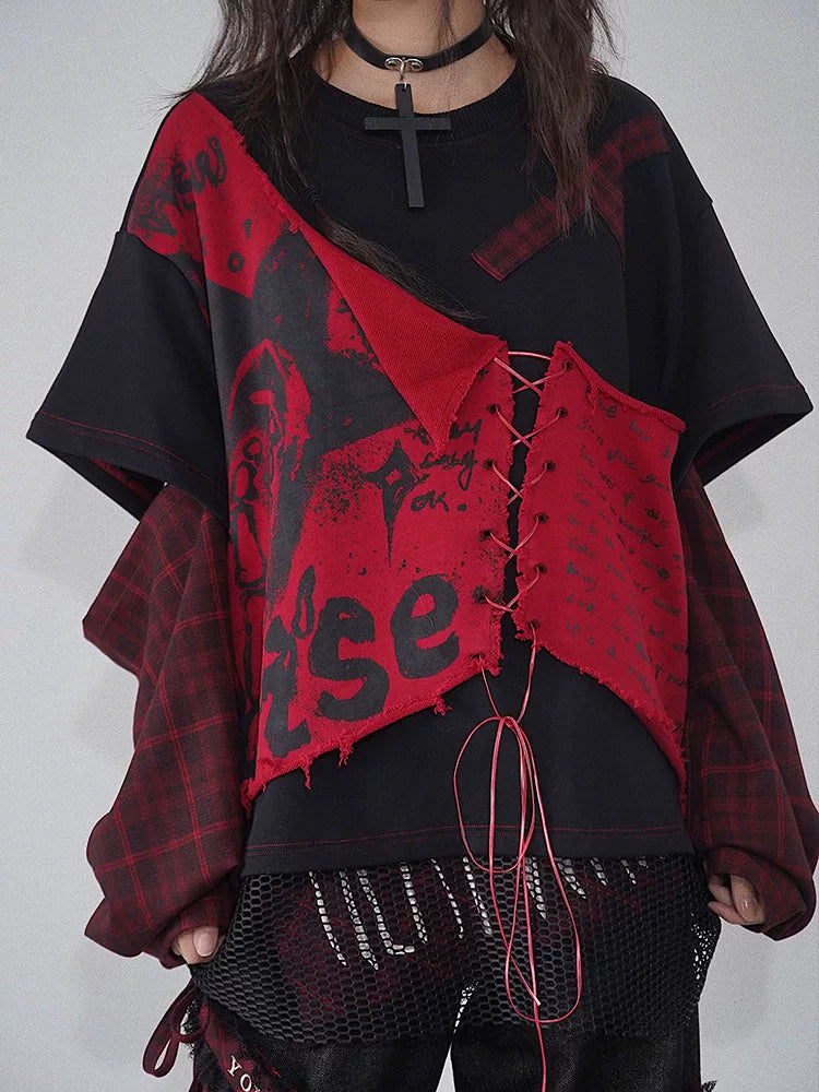 Print Plaid Patchwork Pullover Sweatshirt