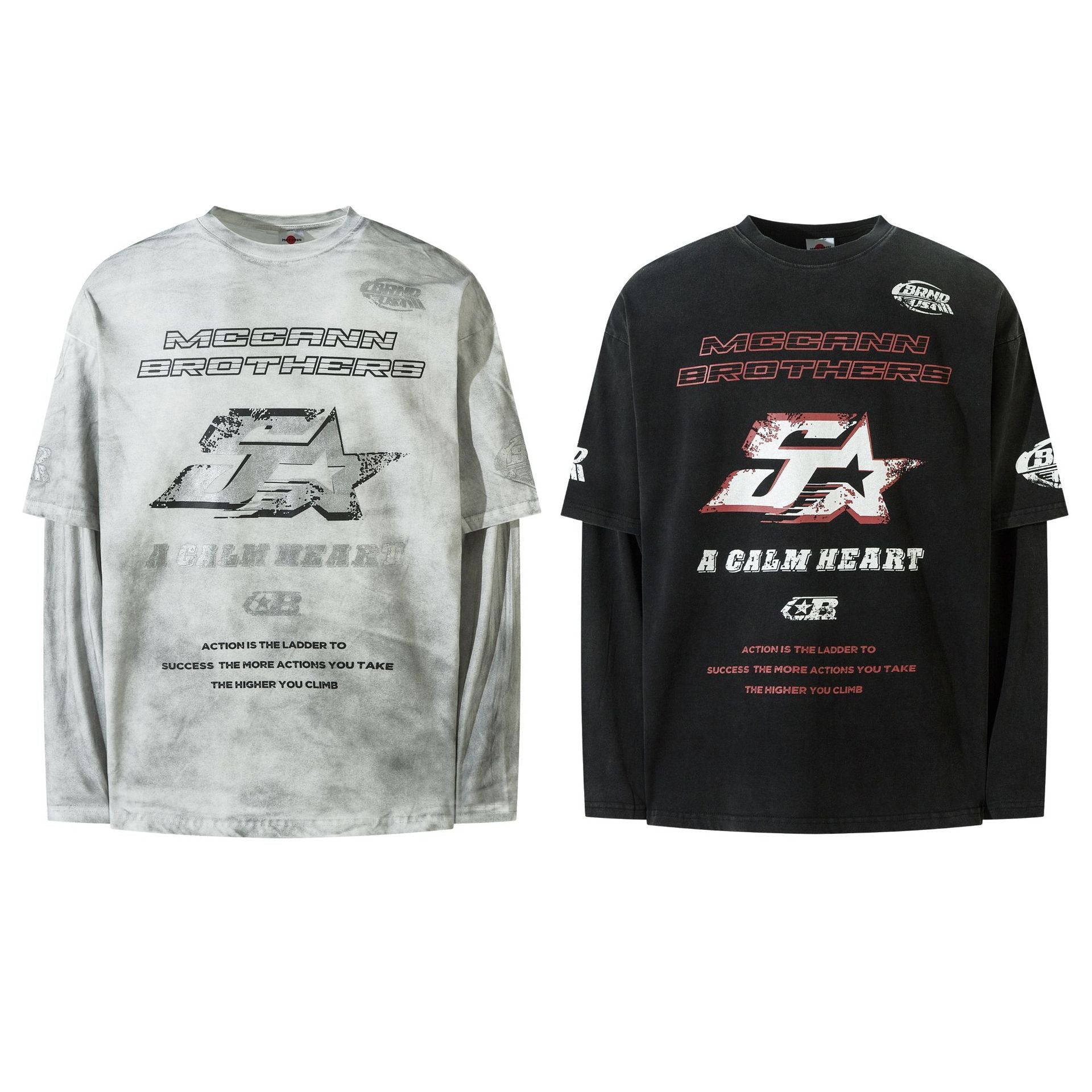 Fake Layered Dirty Dye Print Long Sleeve T-Shirt
