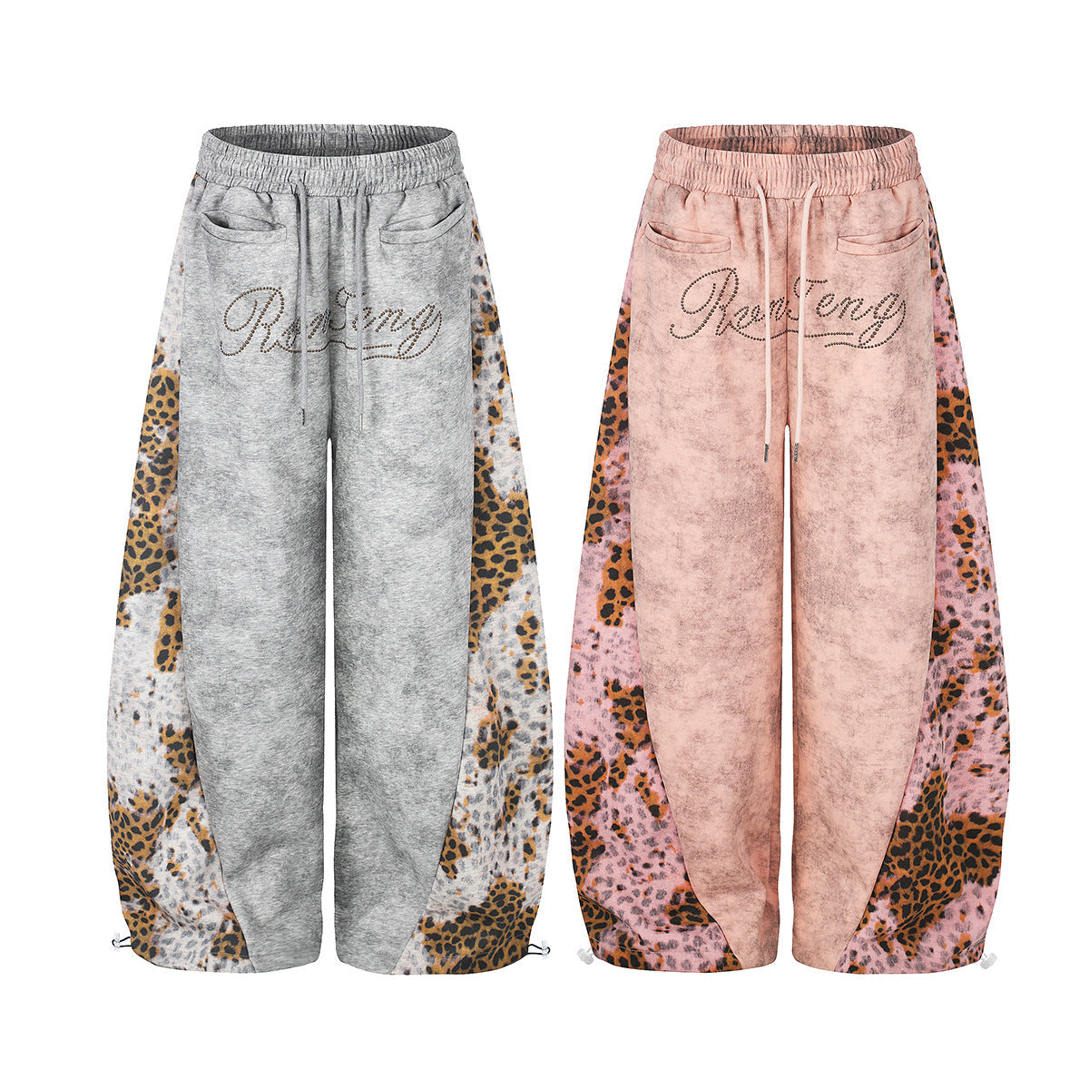 Leopard Print Curved Studs Wide Leg Sweatpants