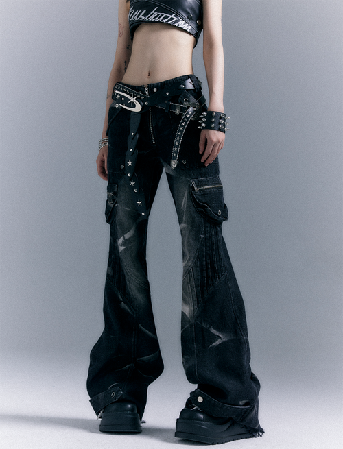 Low-Waist Studs Washed Flare Denim Jeans - Black(presale) / S