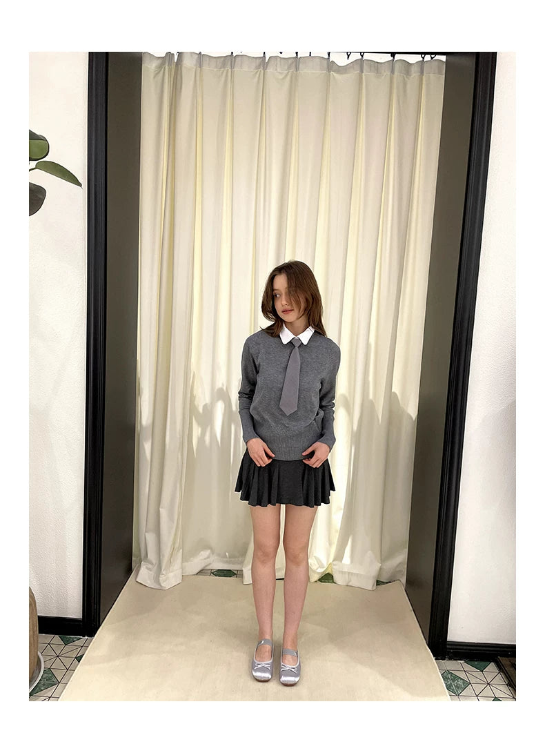 Collar Knit Sweater & Pleats Short Skirt Setup