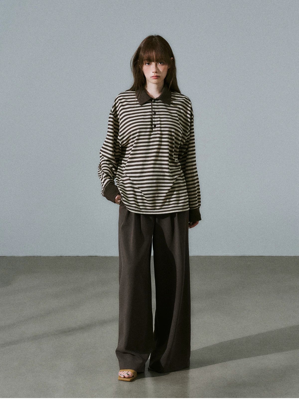 Brown Striped Long Sleeve Polo-Shirt
