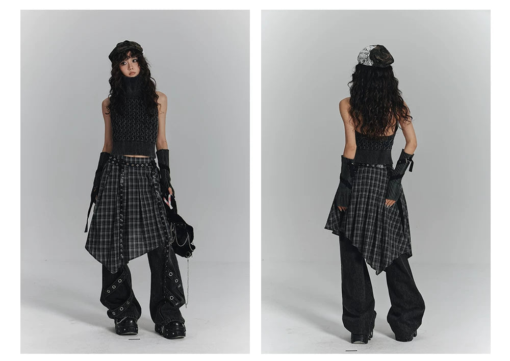 High-Neck Sleeveless Lace-Up Backless Knit Sweater & Arm Warmers