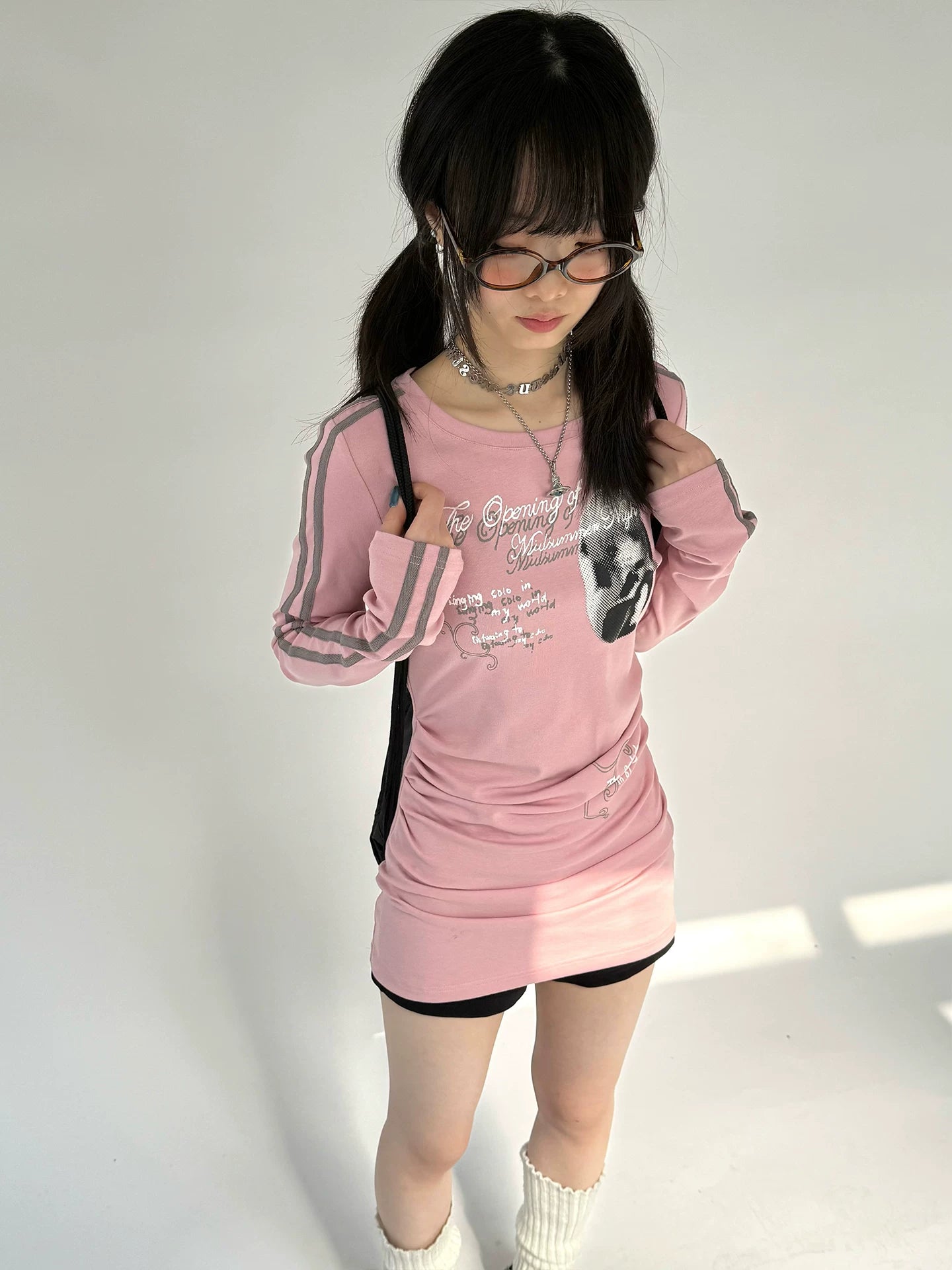 Stripe Sleeve Graphic Print Ruched Fitted Long T-Dress