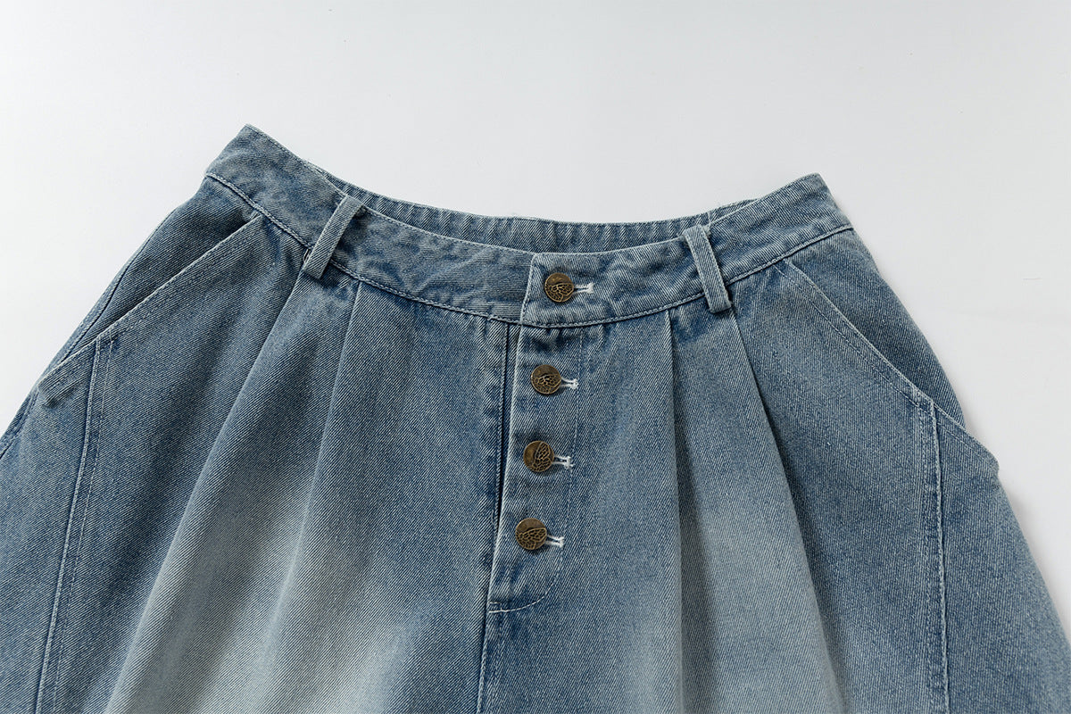Lace-Up Washed Wide Leg Denim Short Pants
