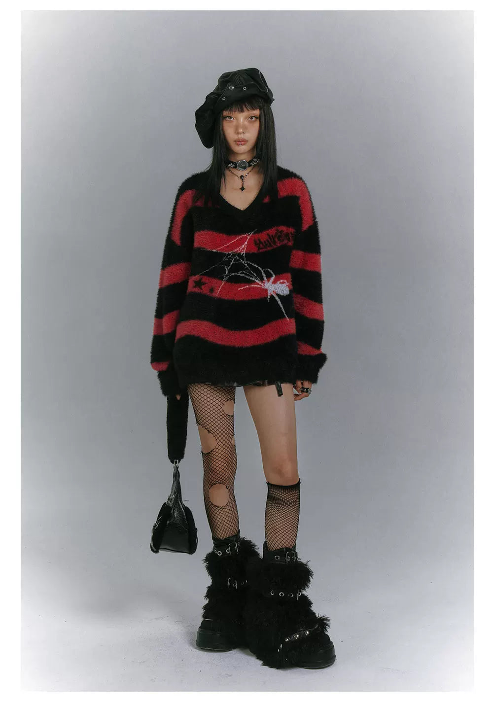 Mohair Spider Pattern Stripe Oversize V-Neck Knit Sweater