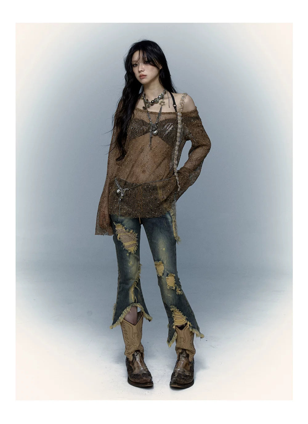Damage Asymmetric Flare Denim Jeans