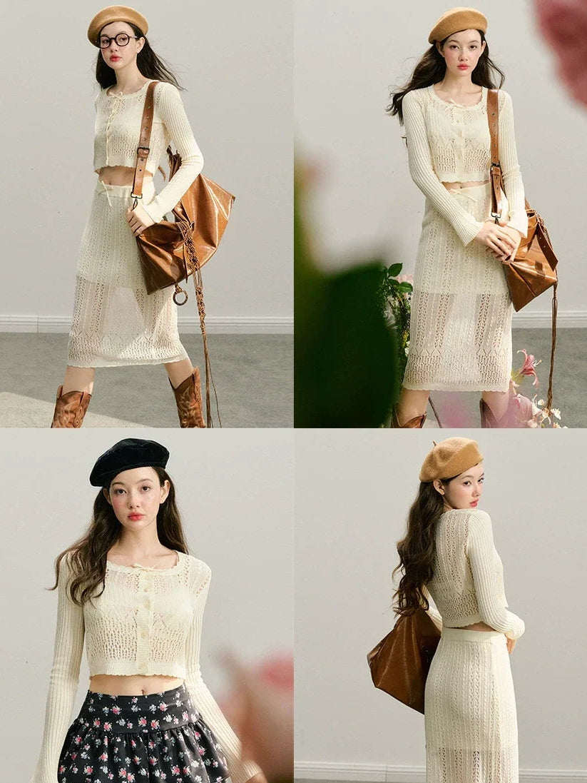 Hollow Out Button Knit Cardigan & Half Skirt Setup