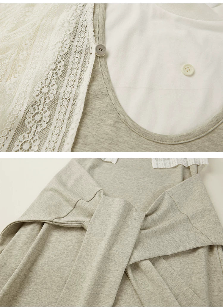 Splicing Fake Layered Round Neck Waist Cinching Dress