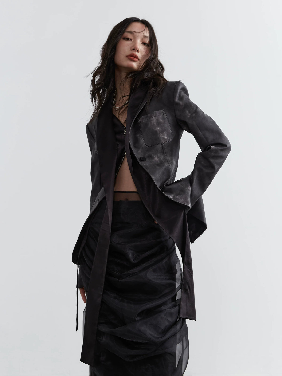 Smoked Ink Stained PU Leather Fake Layered Jacket