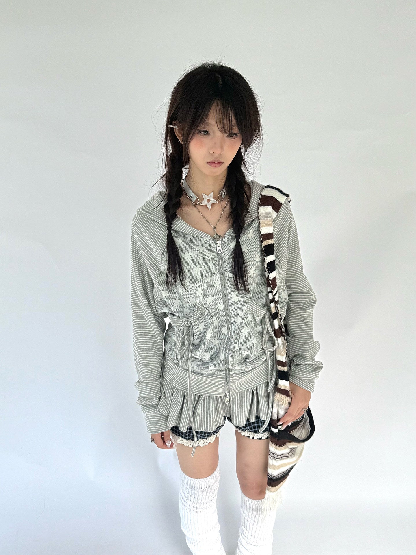 Striped Patchwork Hooded Drawstring Ruffle Jacket & Skirt Setup
