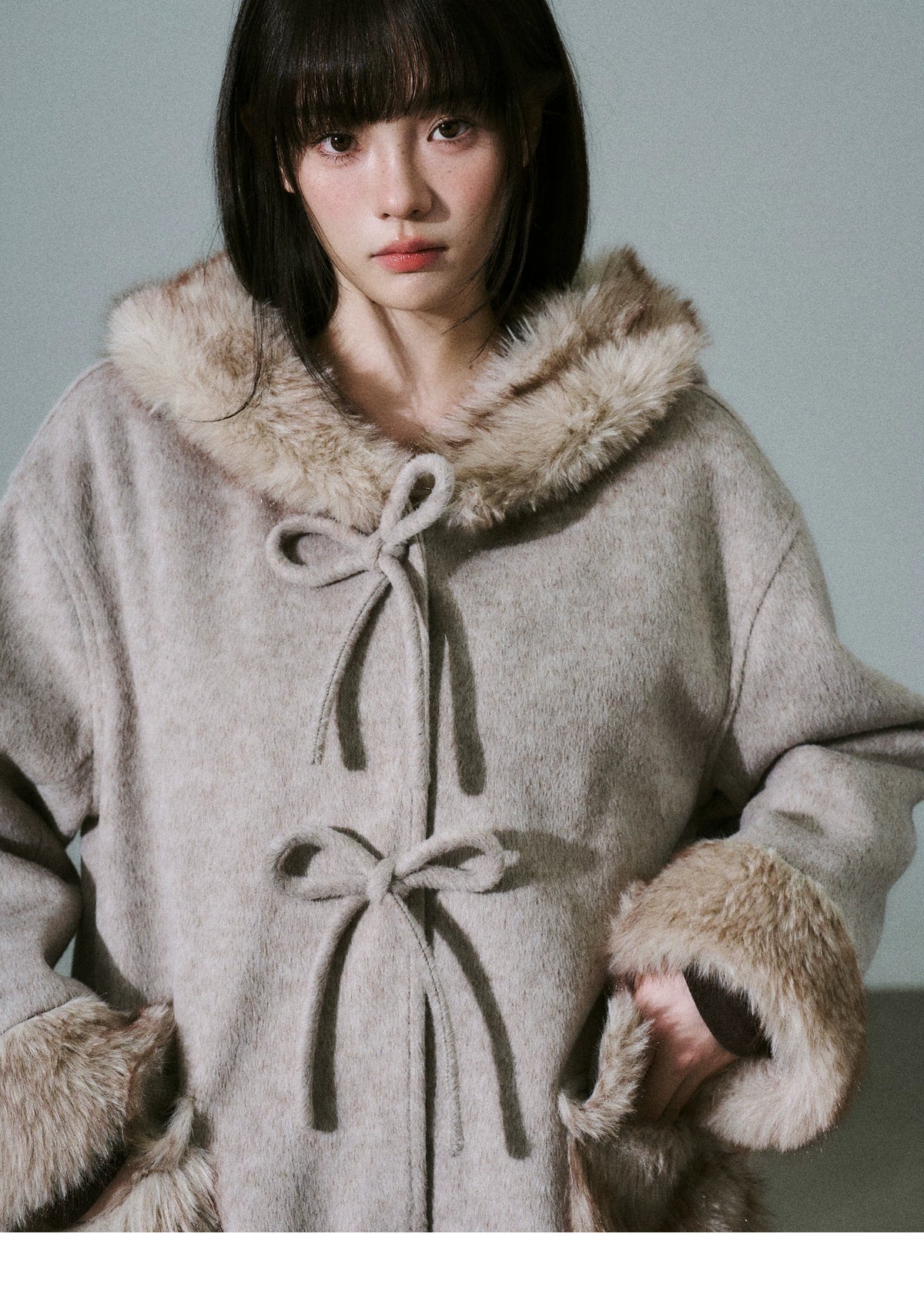 Bow Detail Fake Fur Trim Coat