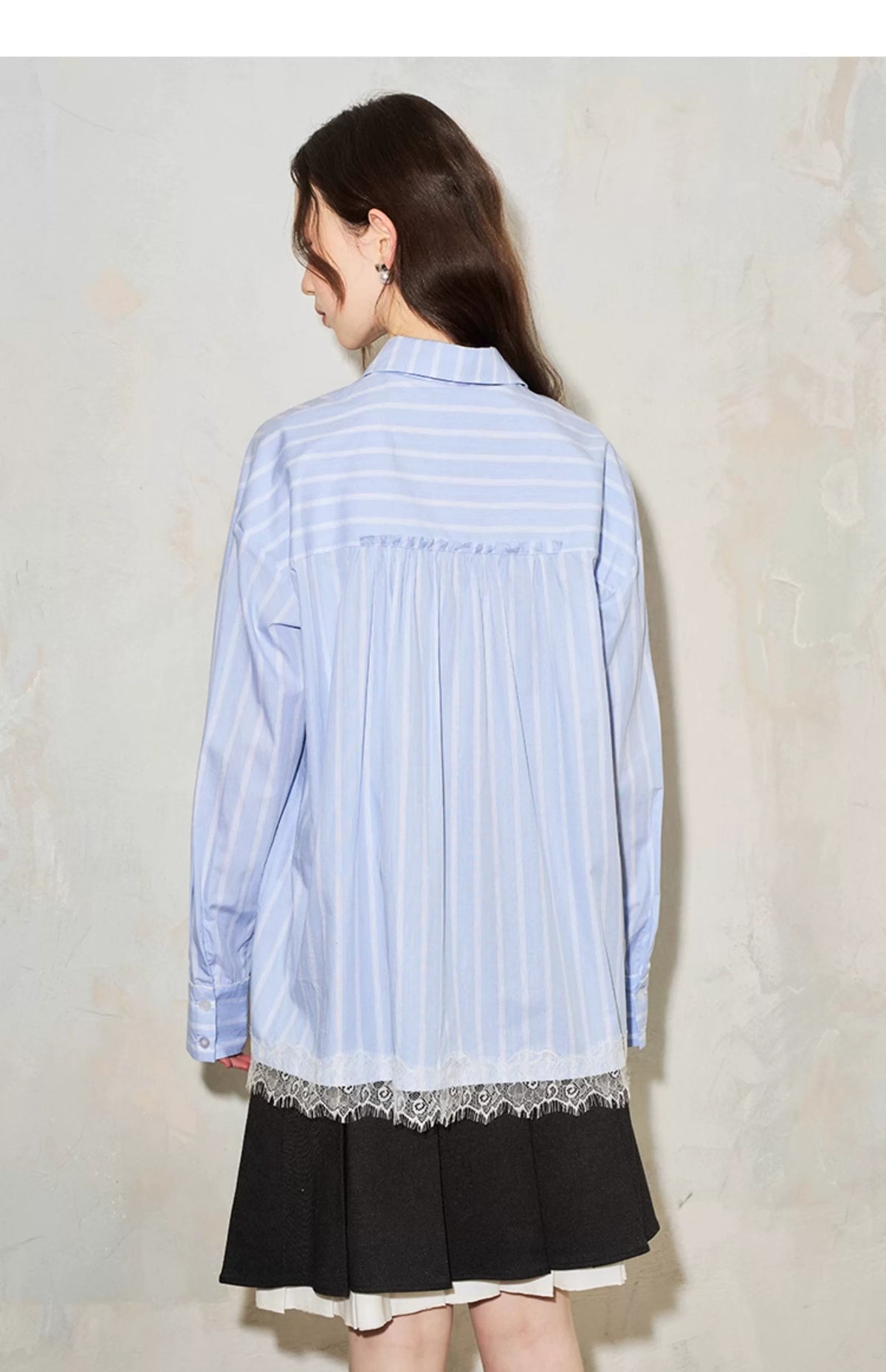 Stripe Lace Hollow Bow Long Sleeve Shirt