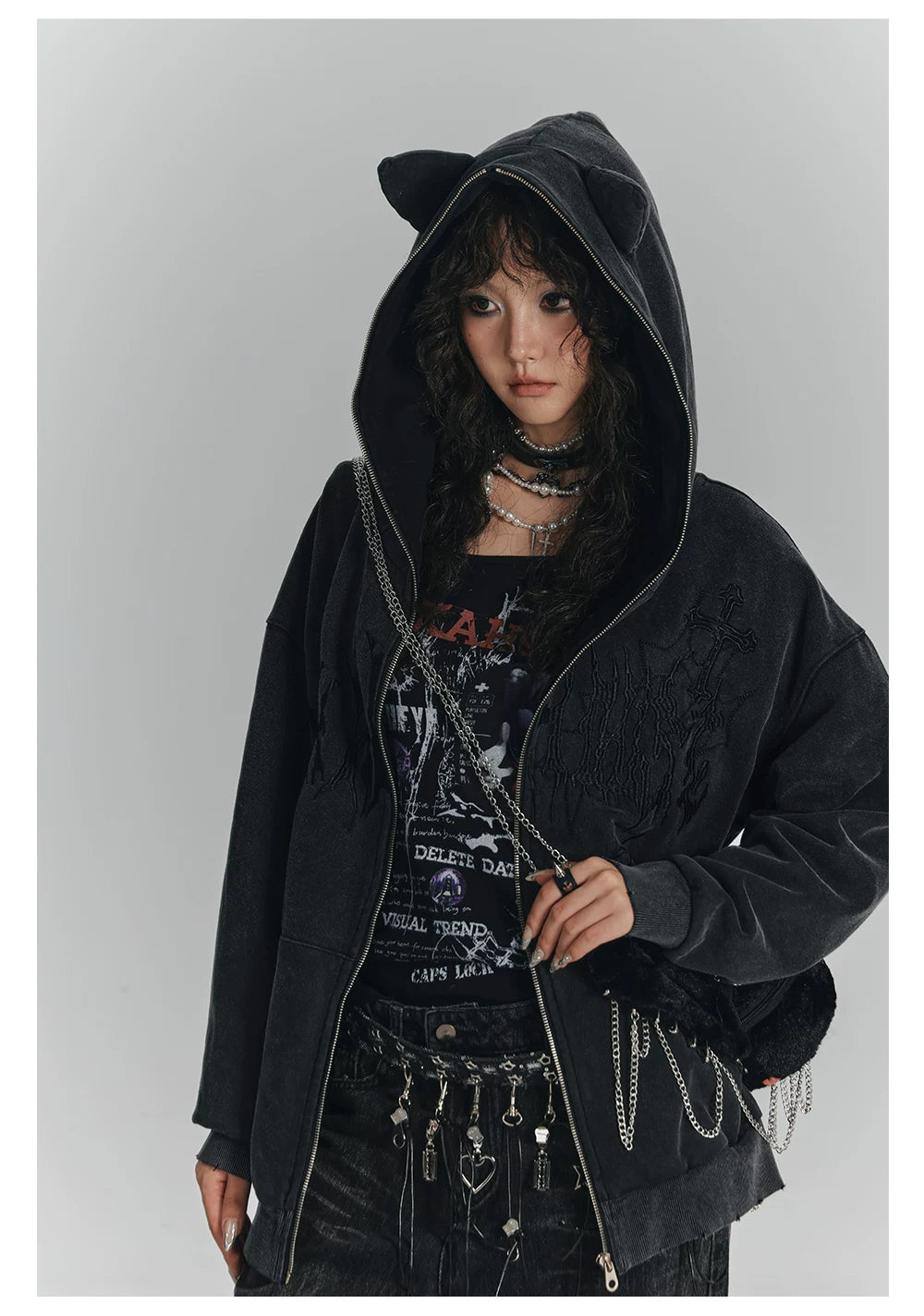Cat Ear Safety Pin Oversize Zipper Hoodie
