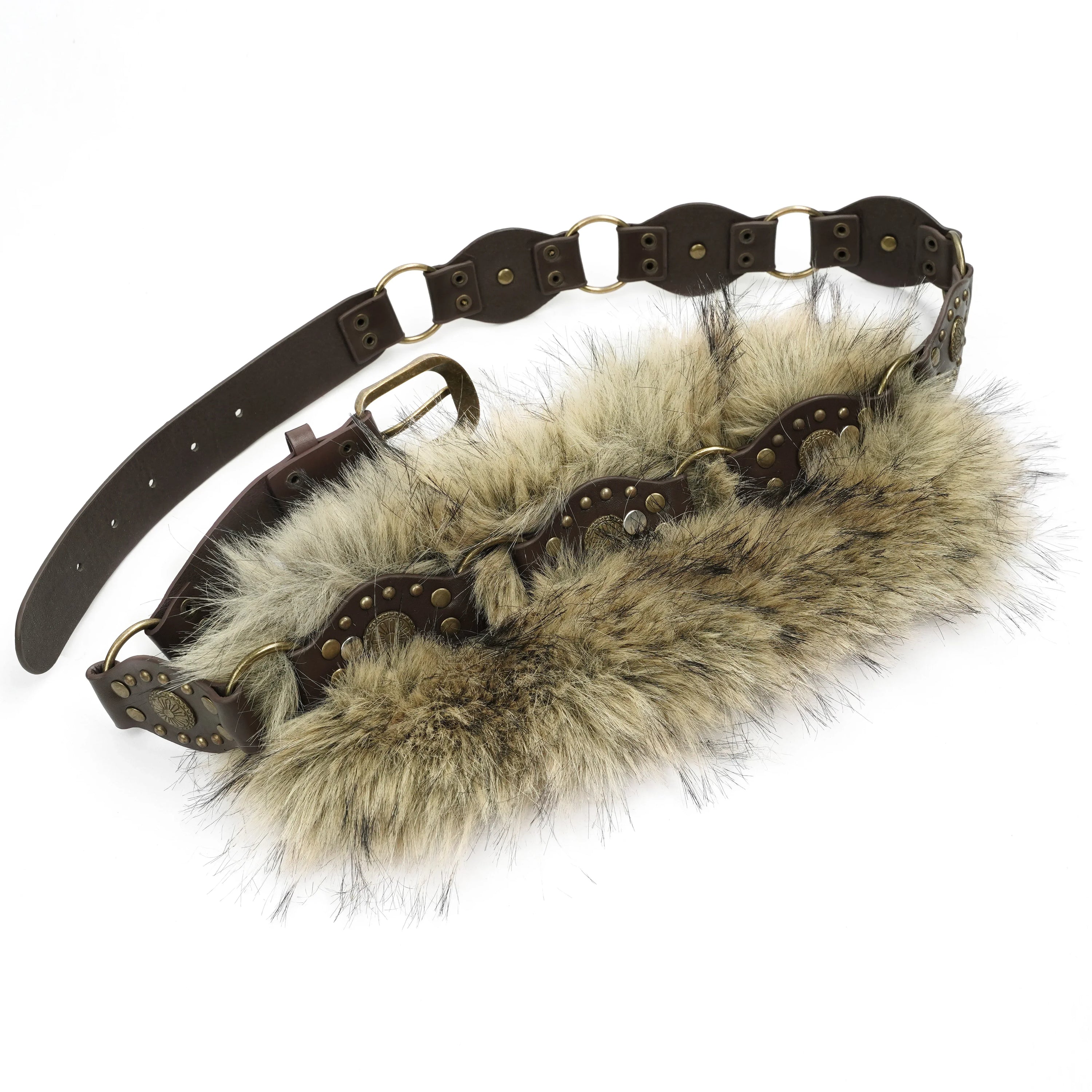 PU Leather Studs Fur Decor Metal Buckle Belt
