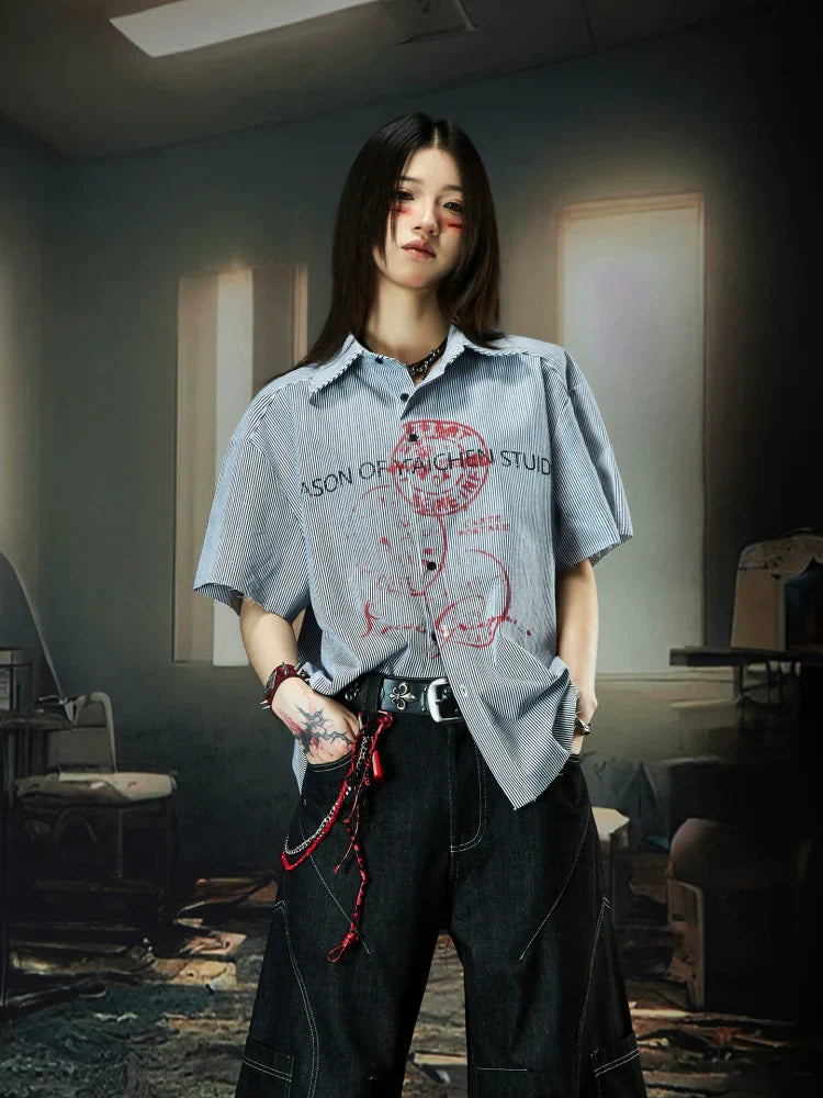 Graphic Letter Print Colorblock Stripe Oversize Short Sleeve Shirt