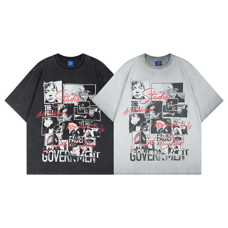 Graphic Print Wash Damage Cotton Short Sleeve T-Shirt