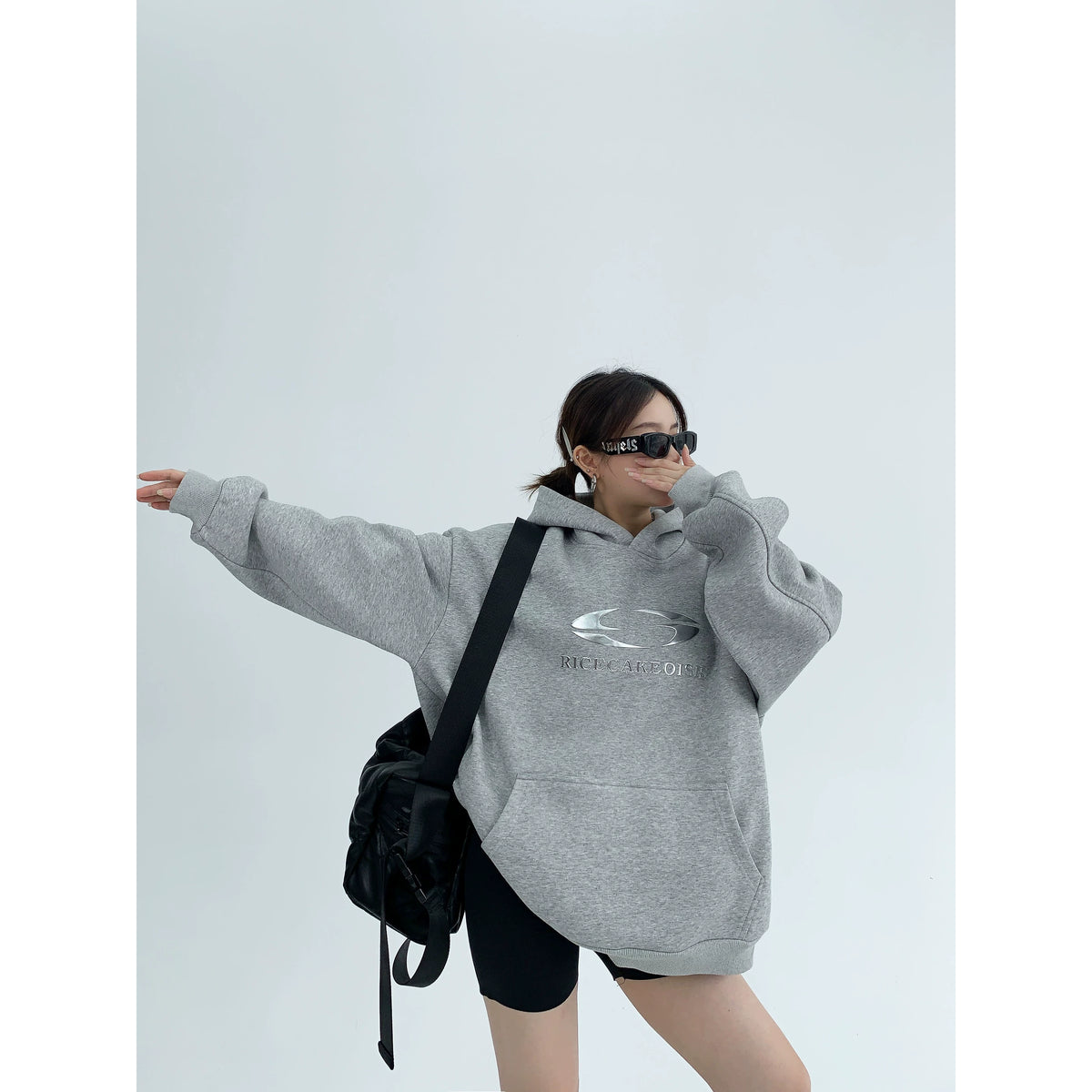 Silver Logo Print Oversized Hoodie