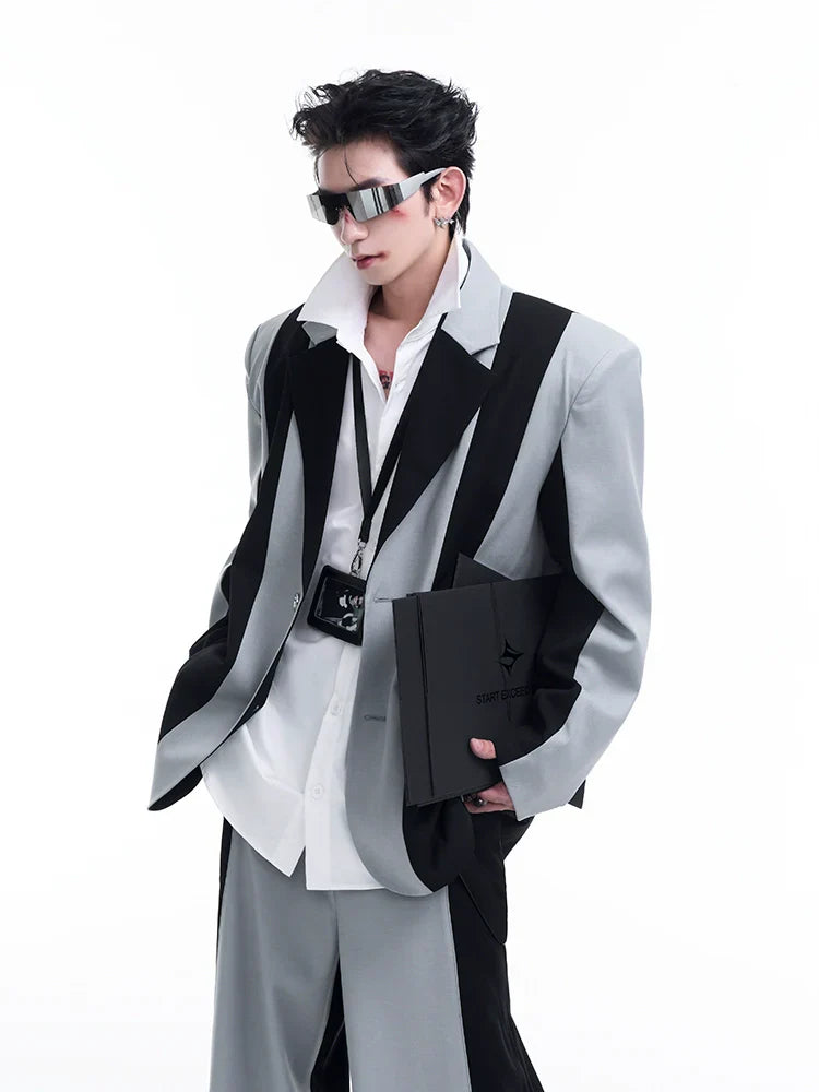 Contrast Color Tailored Jacket & Wide-leg Trousers Setup