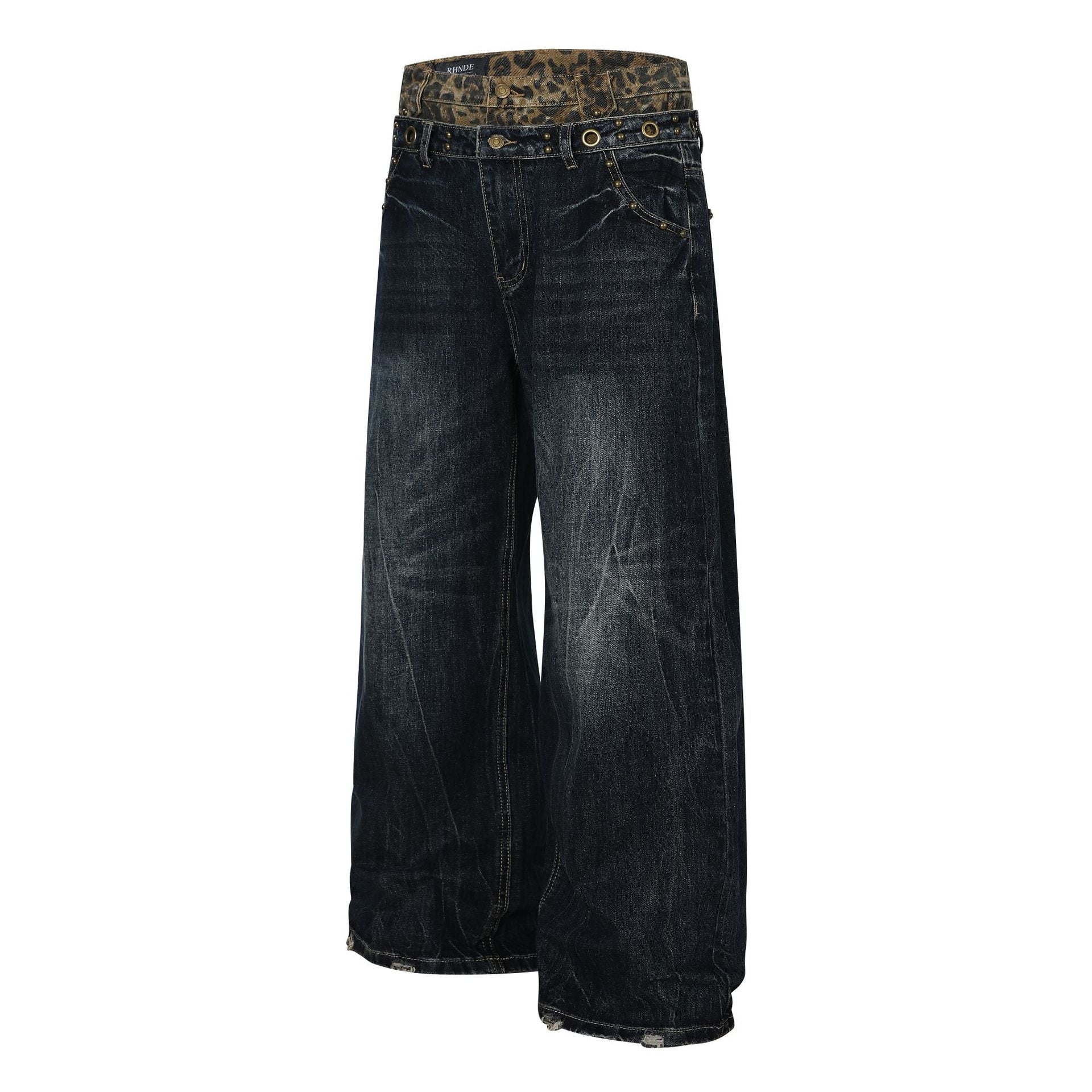 Fake Layered Leopard Print Wide Leg Denim Jeans