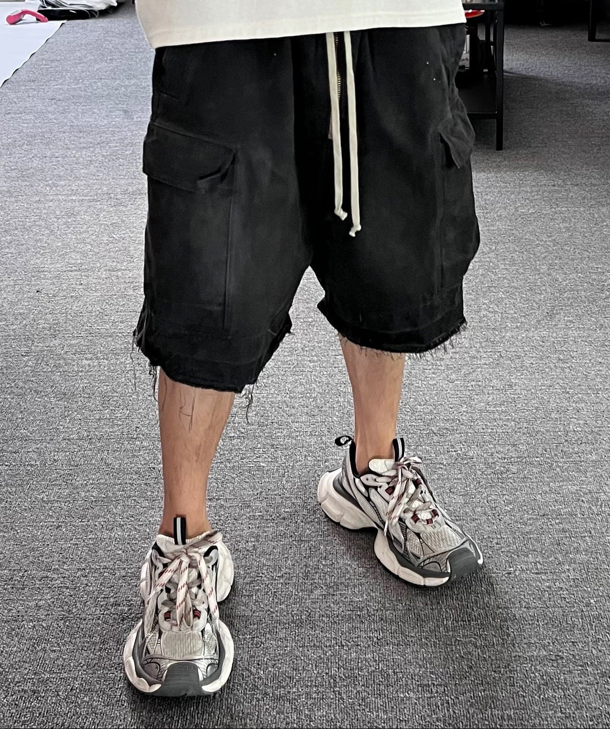 Drawstring Cargo Damage Denim Jort